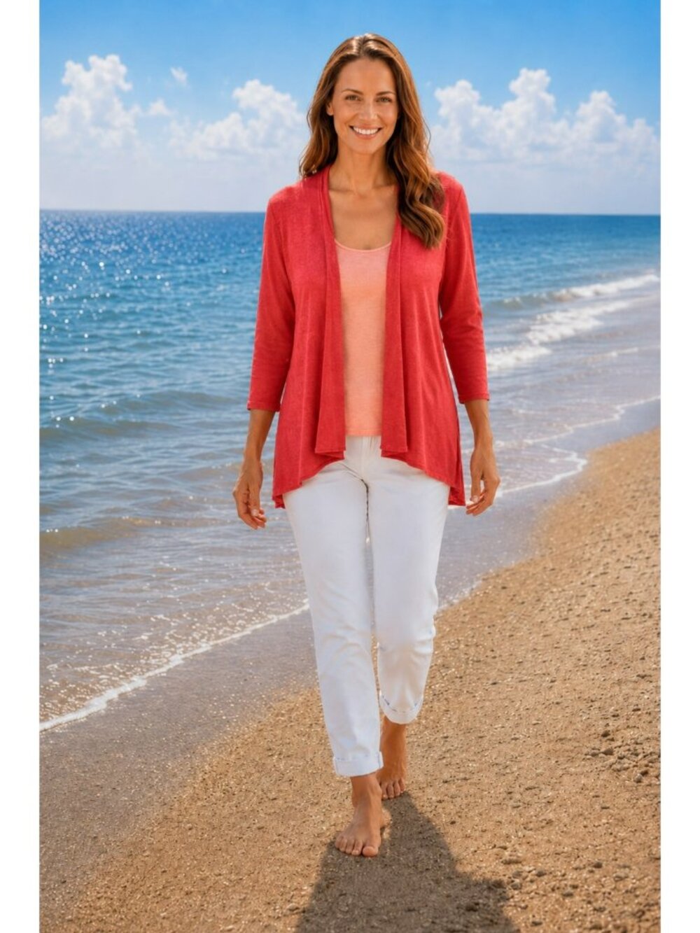 Eileen Fisher Red Open Front Linen Cardigan Sweater Lightweight 3/4 Sleeve Women